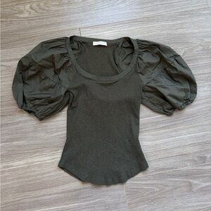 Ulla Johnson Harlowe Pullover Shoulder Puff Top Sz S Military Melange Green